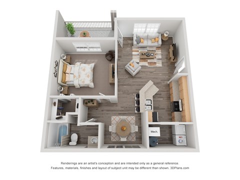 Floor plan for 1 bed, 1 bath, 737 sqft
